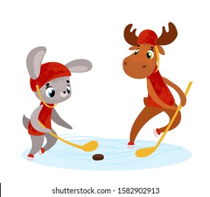 Funny cartoon bunny and deer hockey player. Winter games. Vector illustration in children's style, for children's books, t-shirt prints, posters, stickers or decor