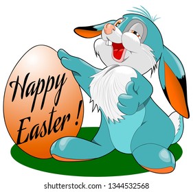Funny cartoon bunny holding a big easter egg, vector illustration on white background