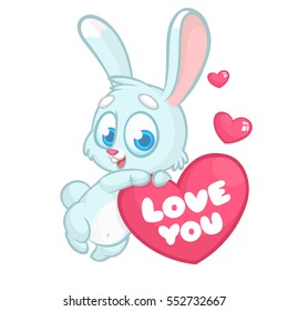 Funny cartoon bunny rabbit with heart and text Love You. Vector Illustration can be used as print or card for St Valentines Day