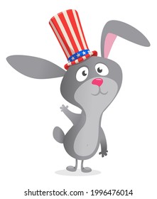 Funny cartoon bunny rabbit wearing Uncle Sam hat. Domestic hare character design for  American Independence Day. Vector illustration for print, poster or invitation for USA 4th of July holiday