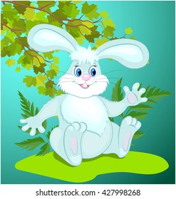 Funny cartoon Bunny sitting on the grass. Vector illustration.