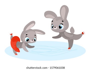 Funny cartoon bunny skating. Winter theme. Vector illustration in children's style, for children's books, t-shirt prints, greeting cards, posters, stickers or decor