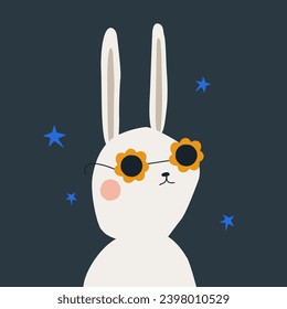 Funny cartoon bunny with sunglasses. Childish graphic. Vector hand drawn illustration.