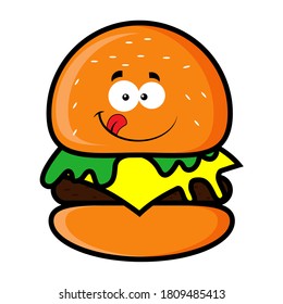 funny cartoon Burger with cutlet. lettuce, tomato,cheese and a bun with sesame seeds