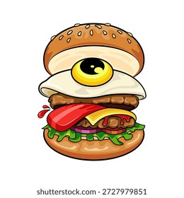Divertida hamburguesa de dibujos animados con ojo – ilustración creativa de comida surrealista