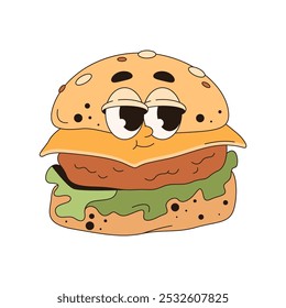 Divertida hamburguesa de dibujos animados con cara. Vector cheeseburger pop art. cartel de hamburguesa o impresión de alimentos. Comida chatarra o rápida con queso y carne, pan. Pegatina de almuerzo poco saludable. Impresión del cartel con la mascota del cómic para el menú