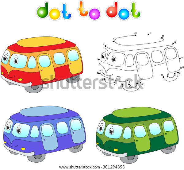 Funny cartoon bus. Connect dots and\
get image. Educational game for kids. Vector\
illustration