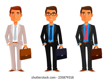 funny cartoon businessman with a briefcase. Young man in business attire, smiling. Cartoon character. Isolated on white. Vector eps file.