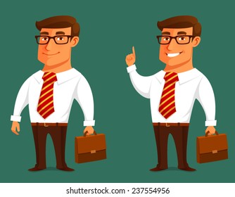 funny cartoon businessman with a briefcase. Young optimistic man in white shirt smiling and gesturing in a cheerful manner. Isolated. Vector eps file.