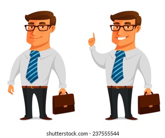 funny cartoon businessman with briefcase. Young man in business attire, smiling. Cartoon character. Isolated on white. Vector illustration.