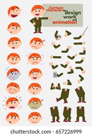 Funny cartoon of a businessman character. Face and body articulated elements, parts of body template for design work and animation. Vector illustration.