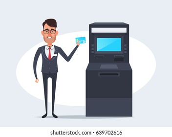 Funny Cartoon Businessman with Credit Card Standing Near the ATM Machine. Vector Illustration
