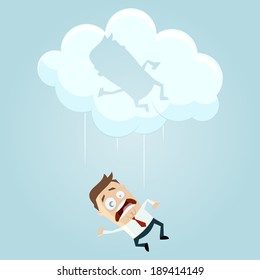 funny cartoon businessman is falling from a cloud