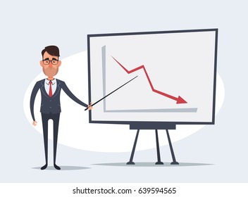 Funny Cartoon Businessman Giving a Presentation (Failure). Vector Illustration