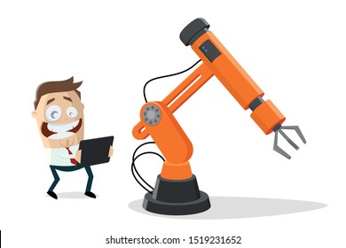 funny cartoon businessman with industrial robot and tablet