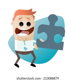 funny cartoon businessman with jigsaw puzzle