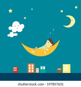 funny cartoon businessman lies on a cradle in the sky.