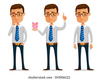 funny cartoon businessman, life coach or teacher, thinking or holding a piggy bank. Young man in business attire. Cute office people. Isolated on white.