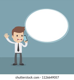 A funny cartoon businessman in panic on the phone with speech bubble