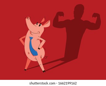 Funny cartoon businessman pig wearing a tie and stands confident like a superhero, business man swine humorous illustration, animal character drawing vector.