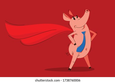 Funny cartoon businessman pig wearing a tie and stands confident like a superhero, business man swine humorous illustration, animal character drawing vector.