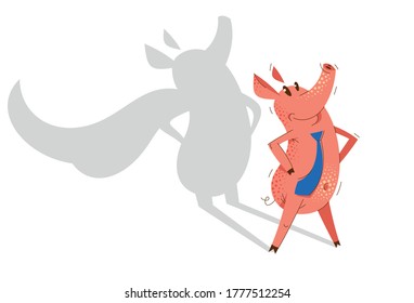 Funny cartoon businessman pig wearing a tie and stands confident like a superhero, business man swine humorous illustration, animal character drawing vector.
