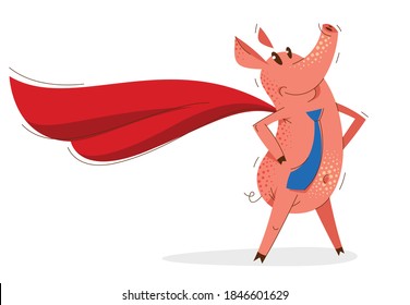Funny cartoon businessman pig wearing a tie and stands confident like a superhero, business man swine humorous illustration, animal character drawing vector.