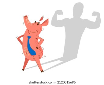 Funny cartoon businessman pig wearing a tie and stands confident like a superhero, business man swine humorous illustration, animal character drawing vector.