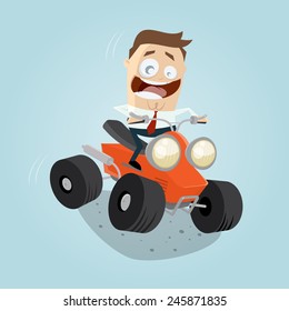 funny cartoon businessman is riding a quad bike