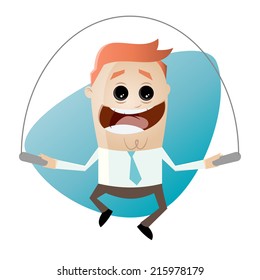 funny cartoon businessman is rope jumping