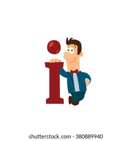 Funny cartoon businessman standing near to an information icon.