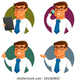 funny cartoon businessman in various poses. Young man in business attire, holding a tablet, using a cell phone or gesturing. Happy businessman concept. Cartoon character.