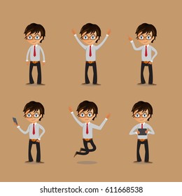 funny cartoon businessman,holding tablet,or mobile phone