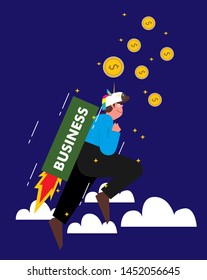 Funny cartoon businessmen on a rocket to get money. vector illustration