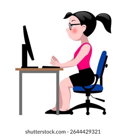 Funny cartoon businesswoman sitting at the computer isolated on white. Drawing in flat style. Vector illustration. NOT AI generated