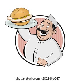 funny cartoon butcher serving Bavarian specialty bratwurstsemmel