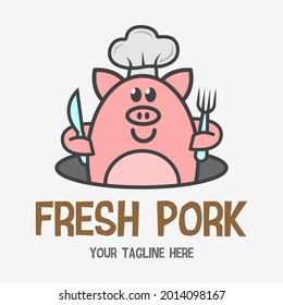 Funny cartoon butcher shop mascot. Happy Pig chef holding a fork and knife. Fresh pork sign. Design for print, emblem, t-shirt, party decoration, sticker, logotype.