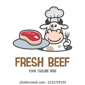 Funny cartoon butcher shop mascot. Happy Cow chef holding a steak and fork. Design for print, emblem, t-shirt, party decoration, sticker, logotype.