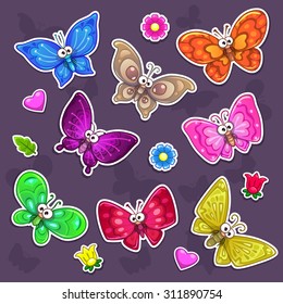 Funny cartoon butterflies stickers set, vector collection