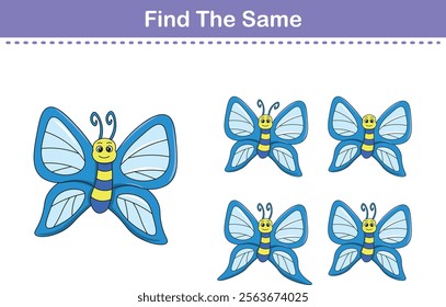 Funny cartoon butterfly. Find same pictures. Educational game for children. Cartoon vector illustration