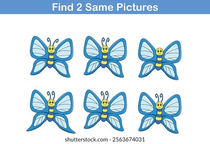 Funny cartoon butterfly. Find two same pictures. Educational game for children. Cartoon vector illustration