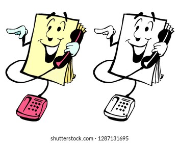 Funny Cartoon Button Telephone Calling And Pointing Finger At Somebody Inviting To Communicate