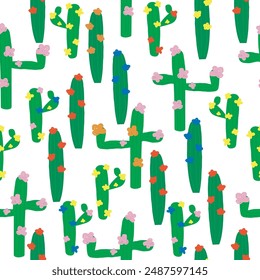 Funny cartoon cacti seamless pattern. Vector hand drawn illustration.