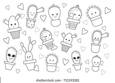 Funny cartoon cactus for kids, coloring book. Doodle style. Vector illustration.