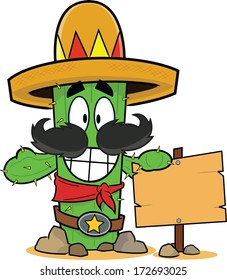 Funny cartoon cactus, smiling, and leaning on a sign. 