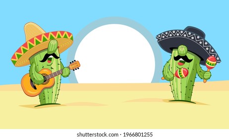 Funny cartoon cactuses as mariachi in sombrero with guitar and maracas. Design template for Cinco de Mayo national Mexico holiday celebration