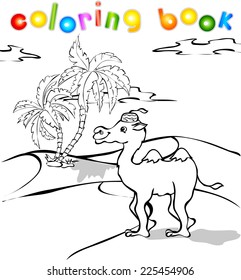 Funny cartoon camel in desert coloring book. Vector illustration for children