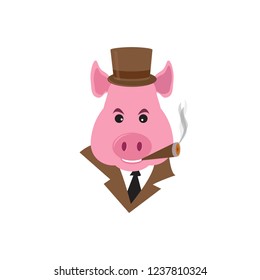 Funny cartoon capitalist pig caricature. Rich piggy boss with cigar, monocle and top hat.
