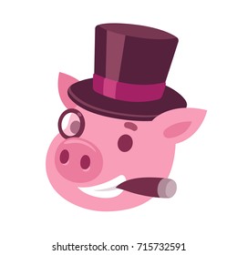 Funny cartoon capitalist pig caricature. Rich piggy boss with cigar, monocle and top hat. Cute vector illustration.