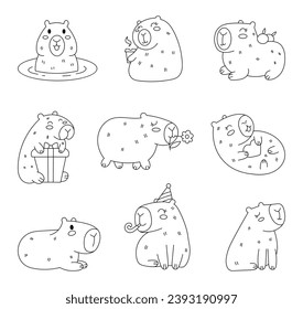 Funny cartoon capybara. Coloring Page. Cute amusing characters swimming in water, bathing, walking, relaxing. Adorable nice animal. Hand drawn style. Vector drawing. Collection of design elements.